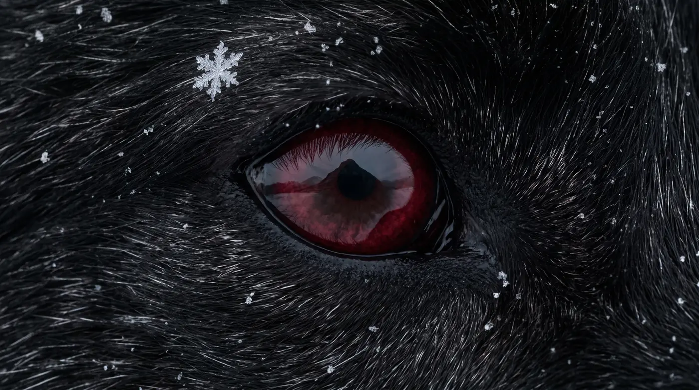 Close-up of a black wolf's eye in falling snow, Apex Ops brand image