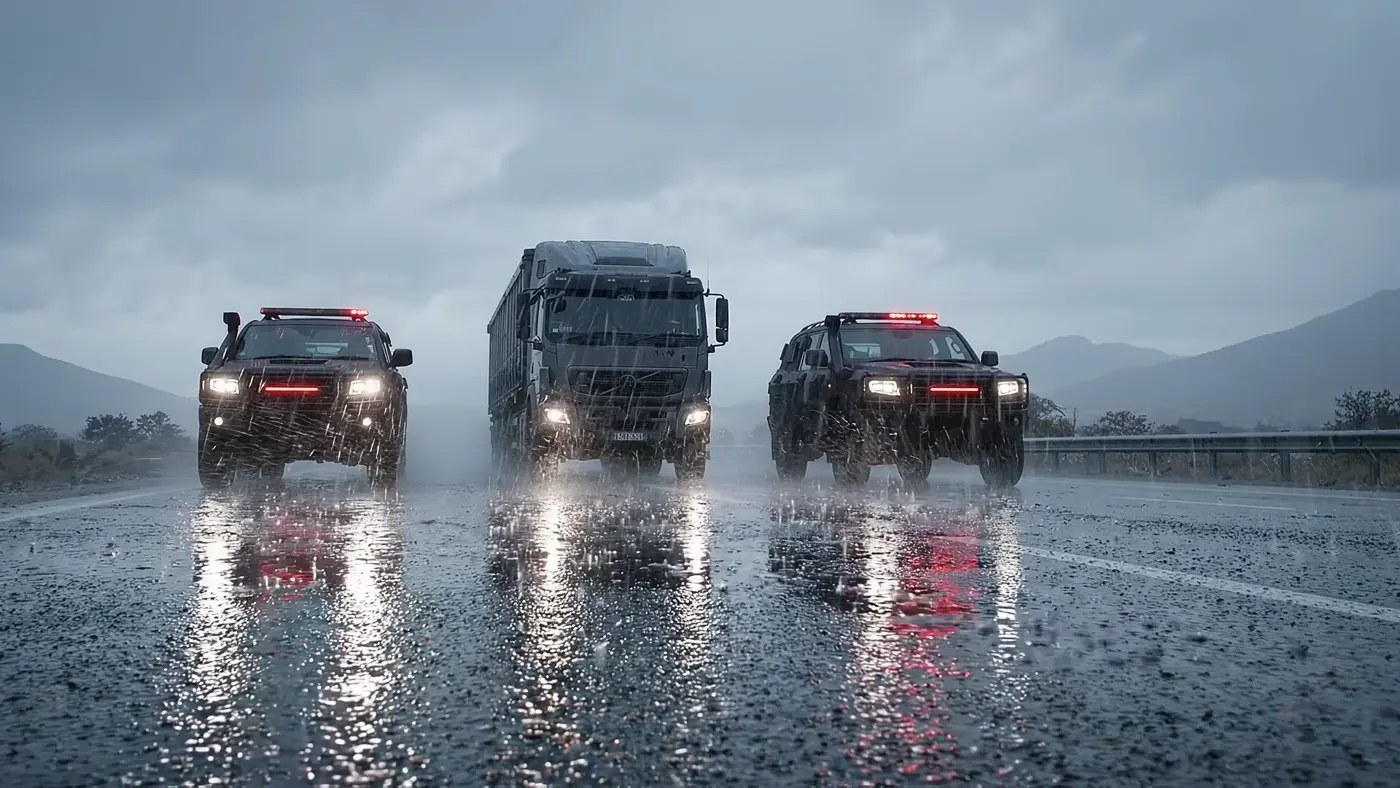 Freight truck on a wet highway under armed escort