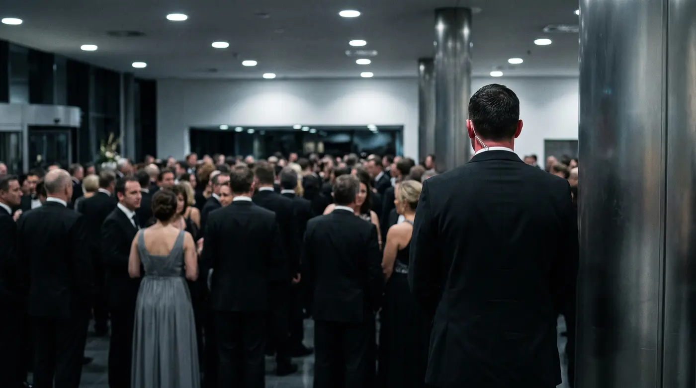 Close protection officer at a corporate event, Apex Ops