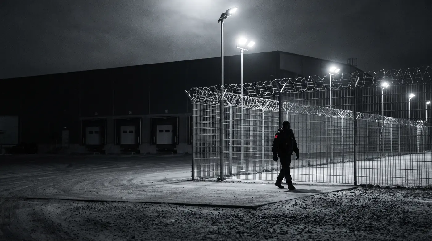 Industrial warehouse under security cover at night