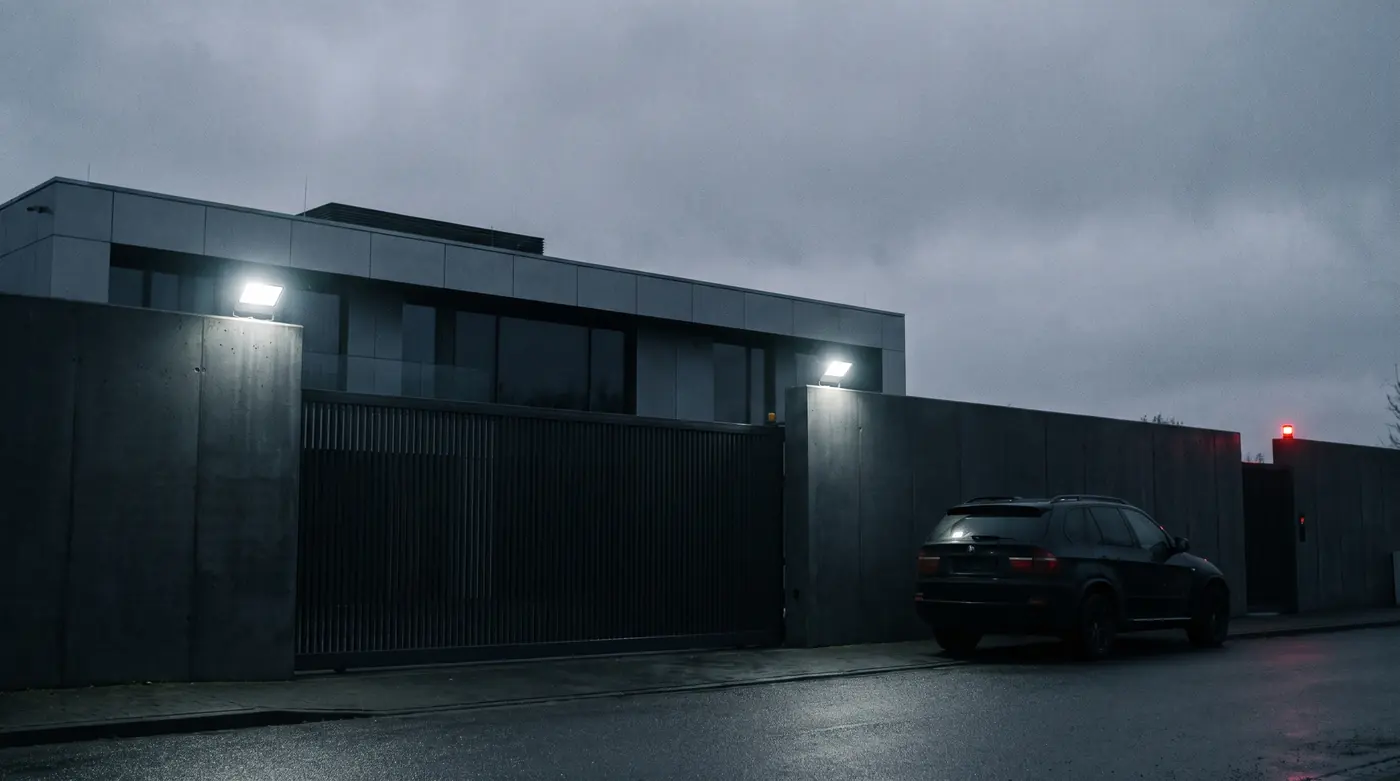 Modern private residence with lit exterior and an unmarked vehicle