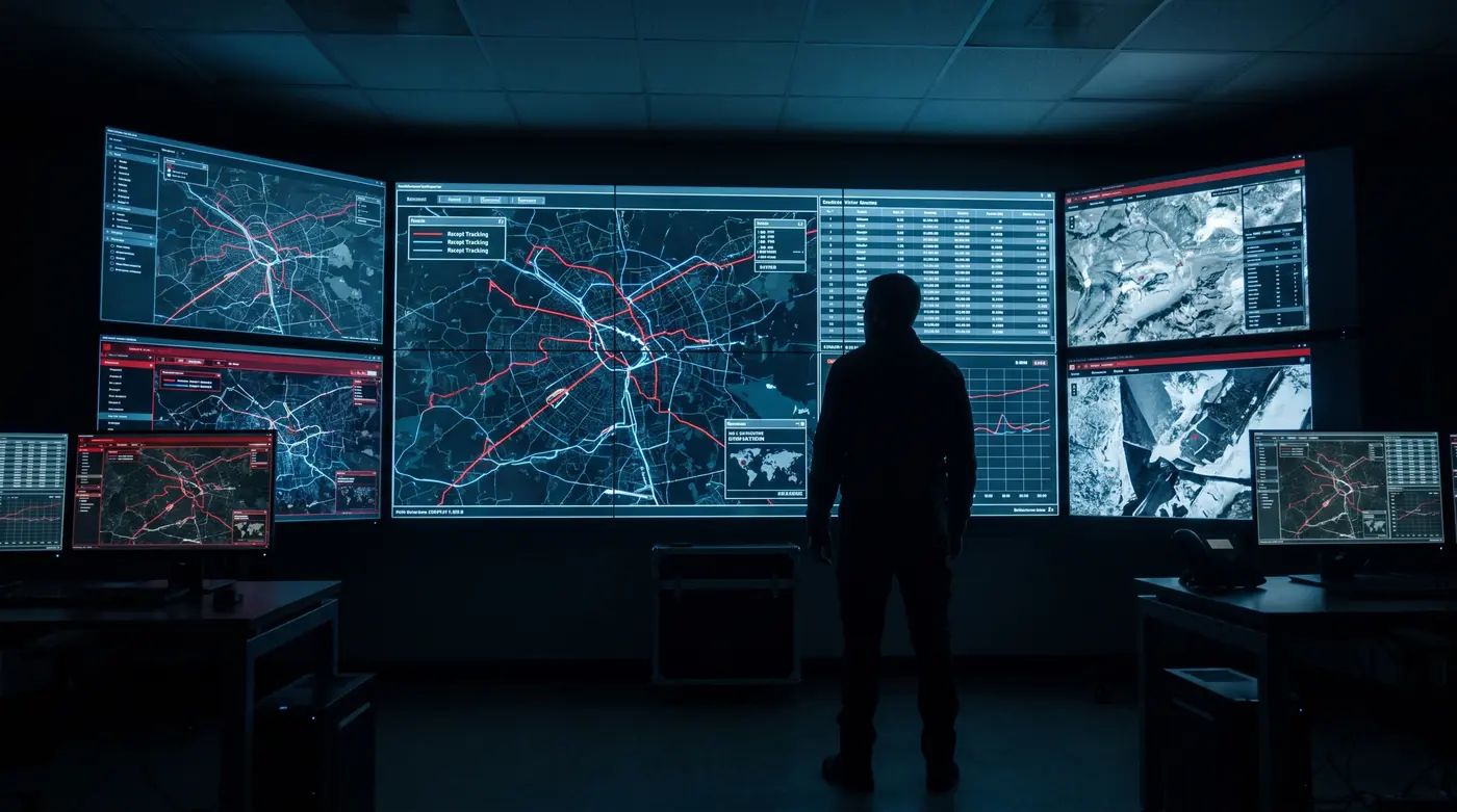 Operations room with mapped risk data on screens