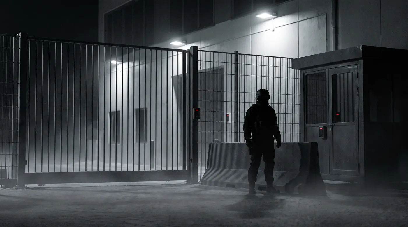 Security officer at the gate of a secured commercial site at night